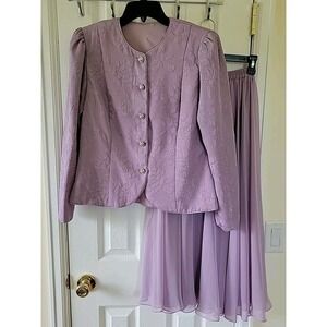 Miss Eliette Skirt Suit Sz 8 Lavender Jaquard Chiffon Lined Button Elastic Waist